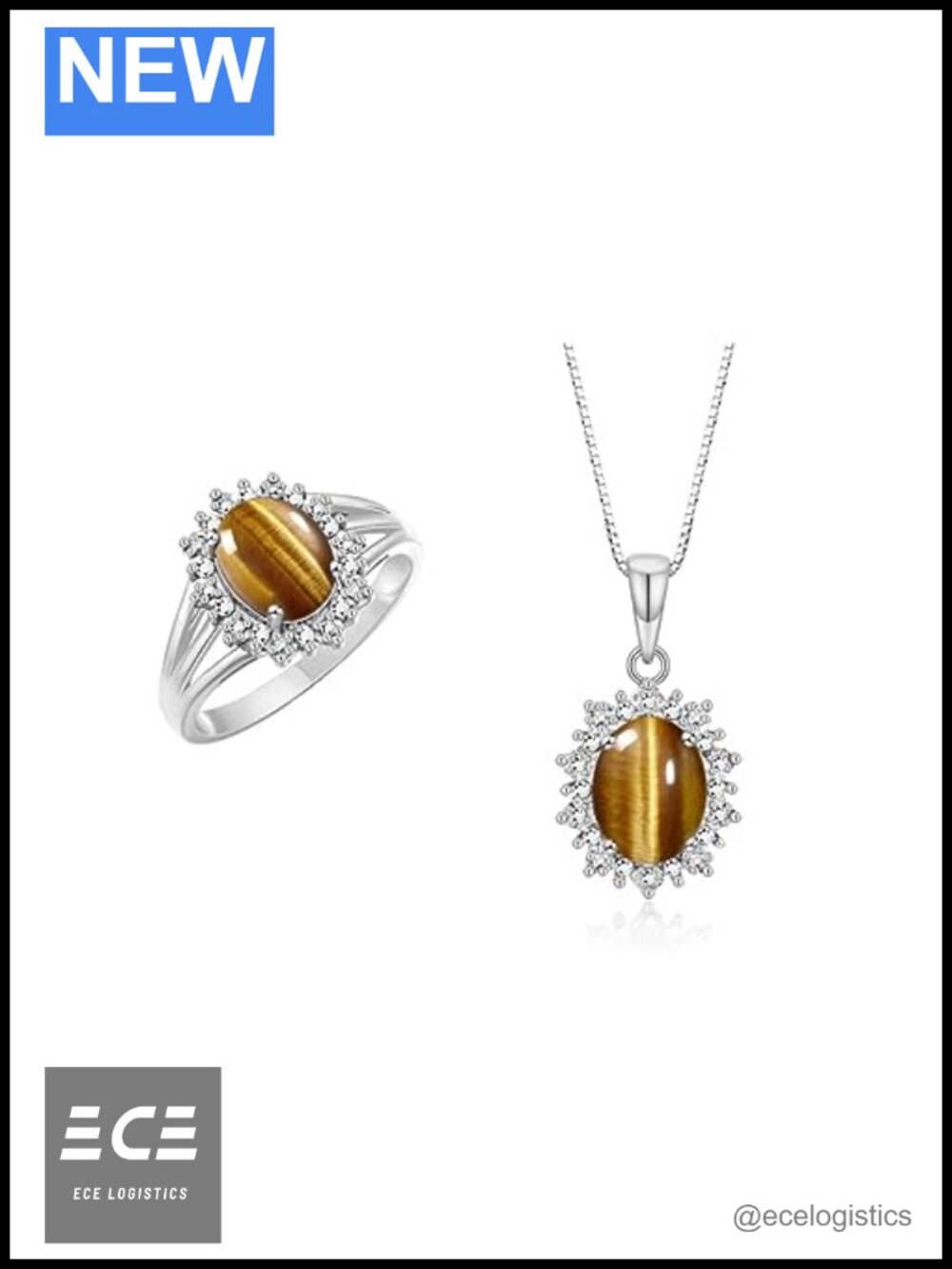 Sterling Silver Princess Diana Ring & Pendant Set with Gemstone & Diamonds 9x7MM